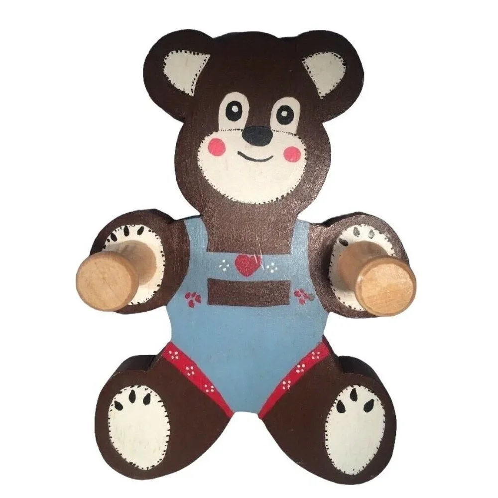 VTG 80s ‎ Roy Woodell Handmade Wooden Bear Coat Hook Pair Kids Wall Decor Rustic